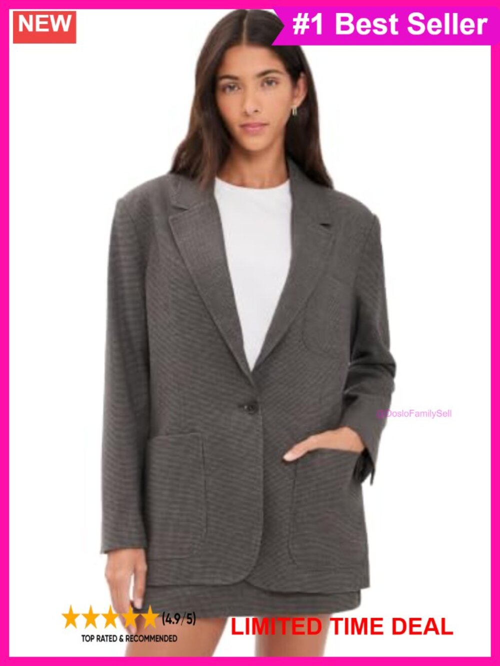 Oversized Houndstooth Blazer Notch Lapel Business Casual
